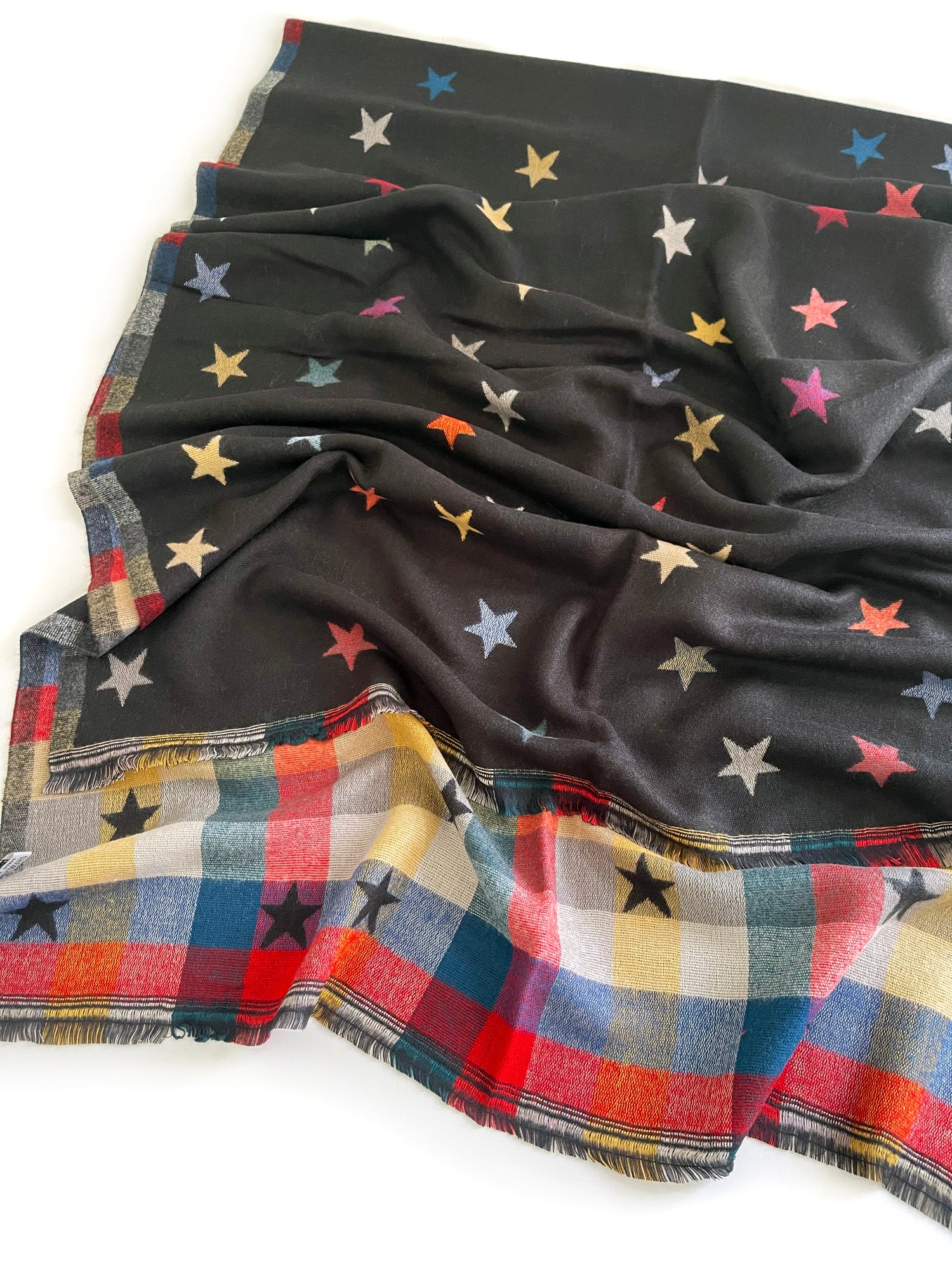 LARGE BLACK STAR PRINT REVERSIBLE CHECKED WINTER SHAWL BLANKET SCARF