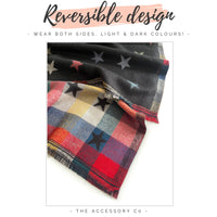 LARGE BLACK STAR PRINT REVERSIBLE CHECKED WINTER SHAWL BLANKET SCARF