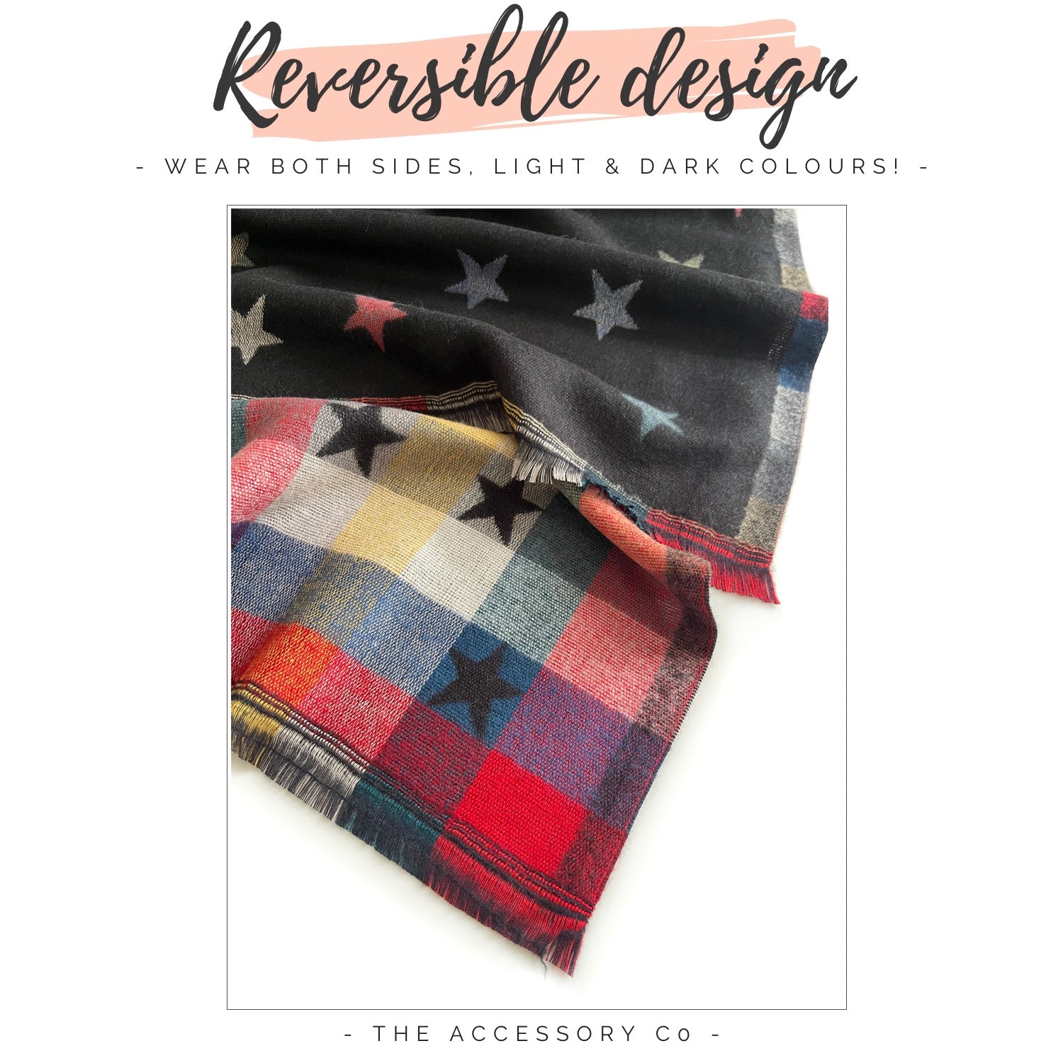 LARGE BLACK STAR PRINT REVERSIBLE CHECKED WINTER SHAWL BLANKET SCARF