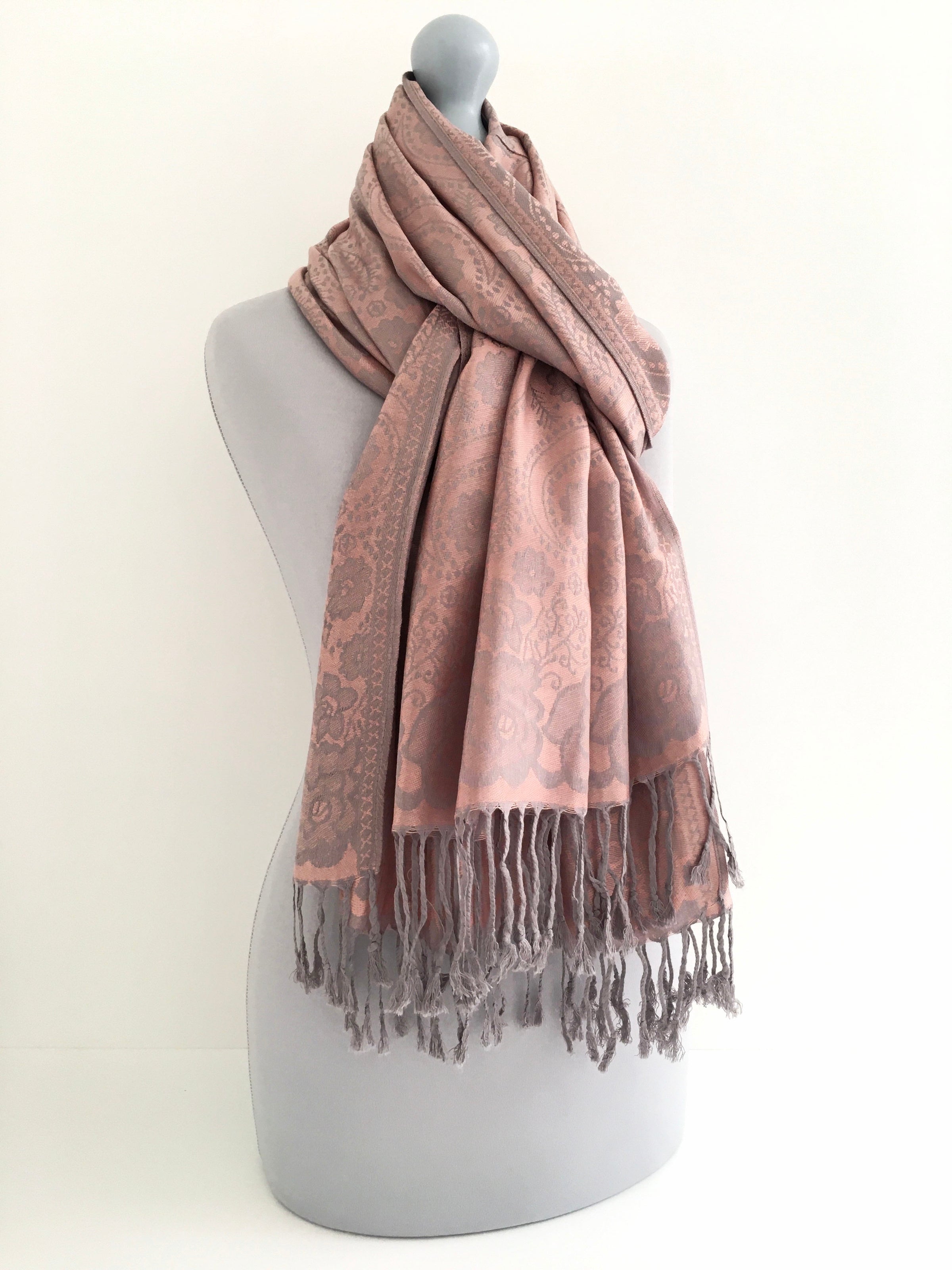 LARGE BLUSH PINK SWIRL FLORAL PRINT REVERSIBLE PASHMINA SHAWL SCARF - A-SHU.CO.UK