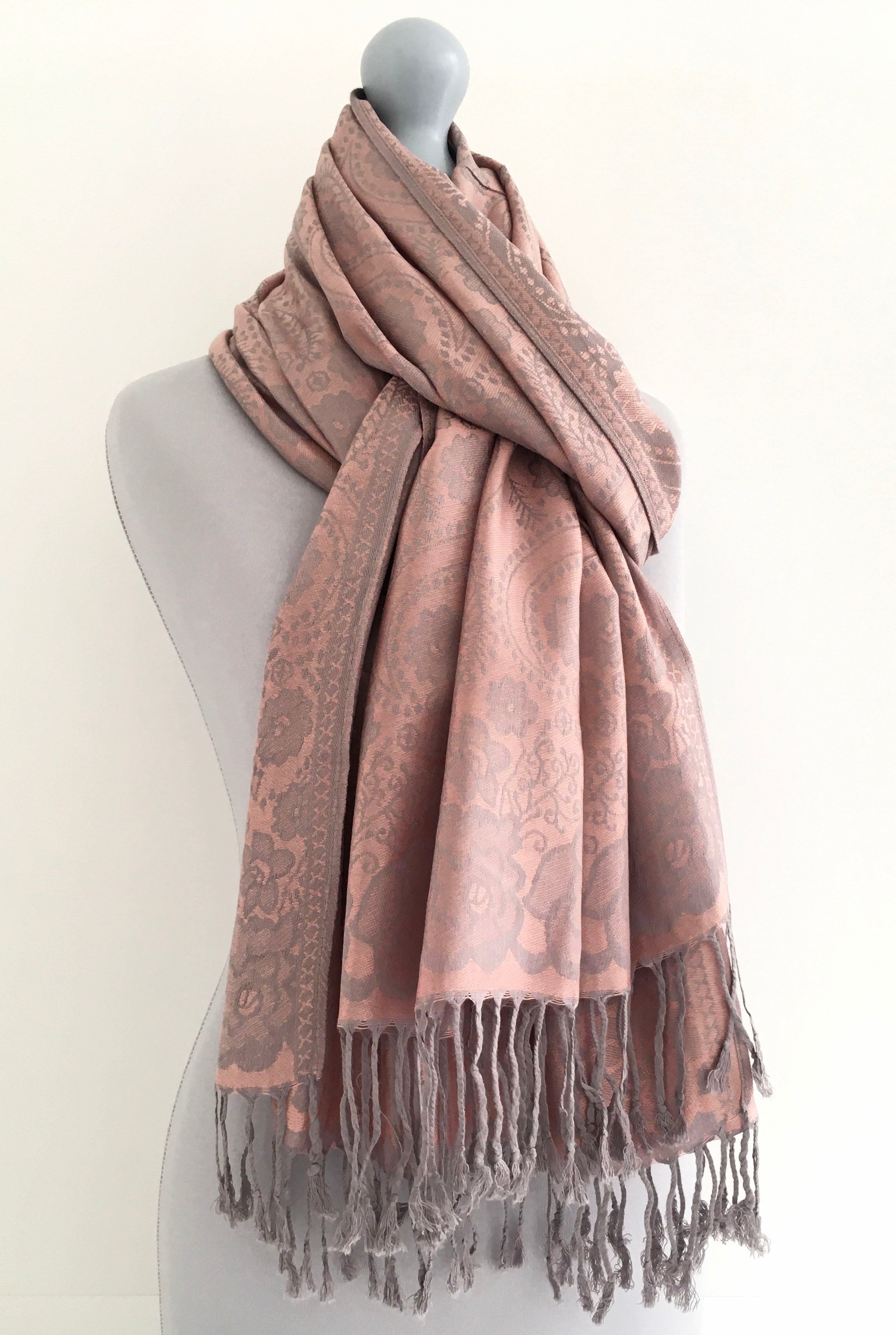 LARGE BLUSH PINK SWIRL FLORAL PRINT REVERSIBLE PASHMINA SHAWL SCARF - A-SHU.CO.UK