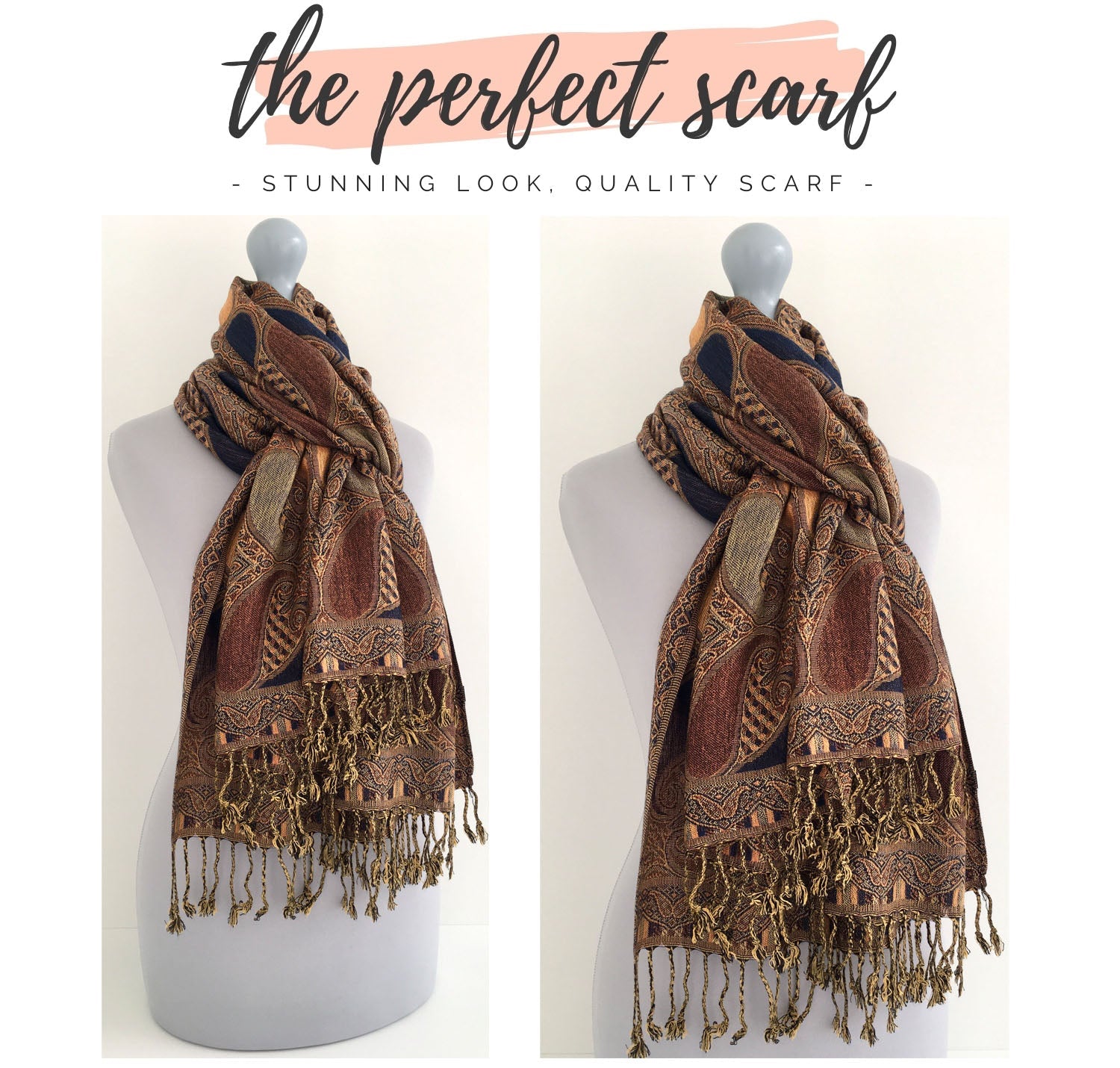 LARGE BROWN GINGHAM PAISLEY PRINT REVERSIBLE PASHMINA SHAWL SCARF