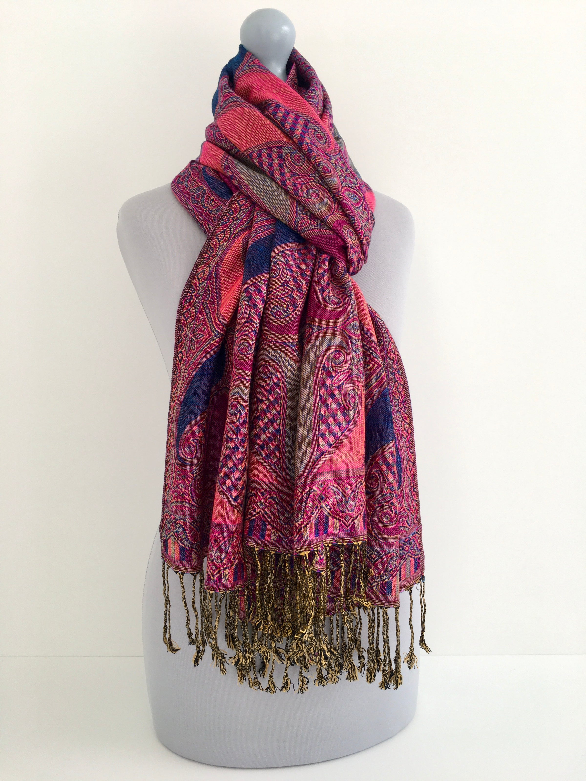 LARGE FUCHSIA PINK GINGHAM PAISLEY PRINT REVERSIBLE PASHMINA SHAWL SCARF