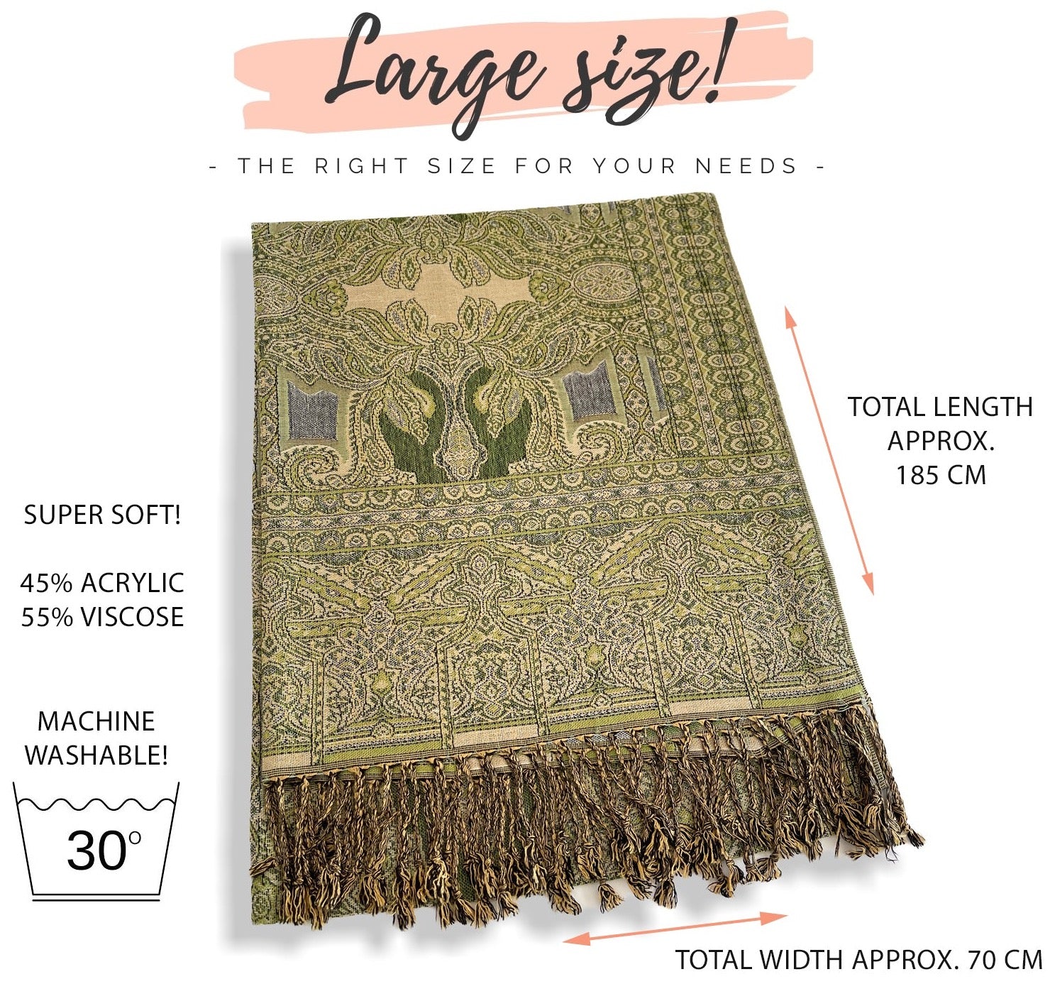 LARGE GREEN REVERSIBLE GEOMETRIC PAISLEY PRINT PASHMINA SHAWL SCARF WRAP