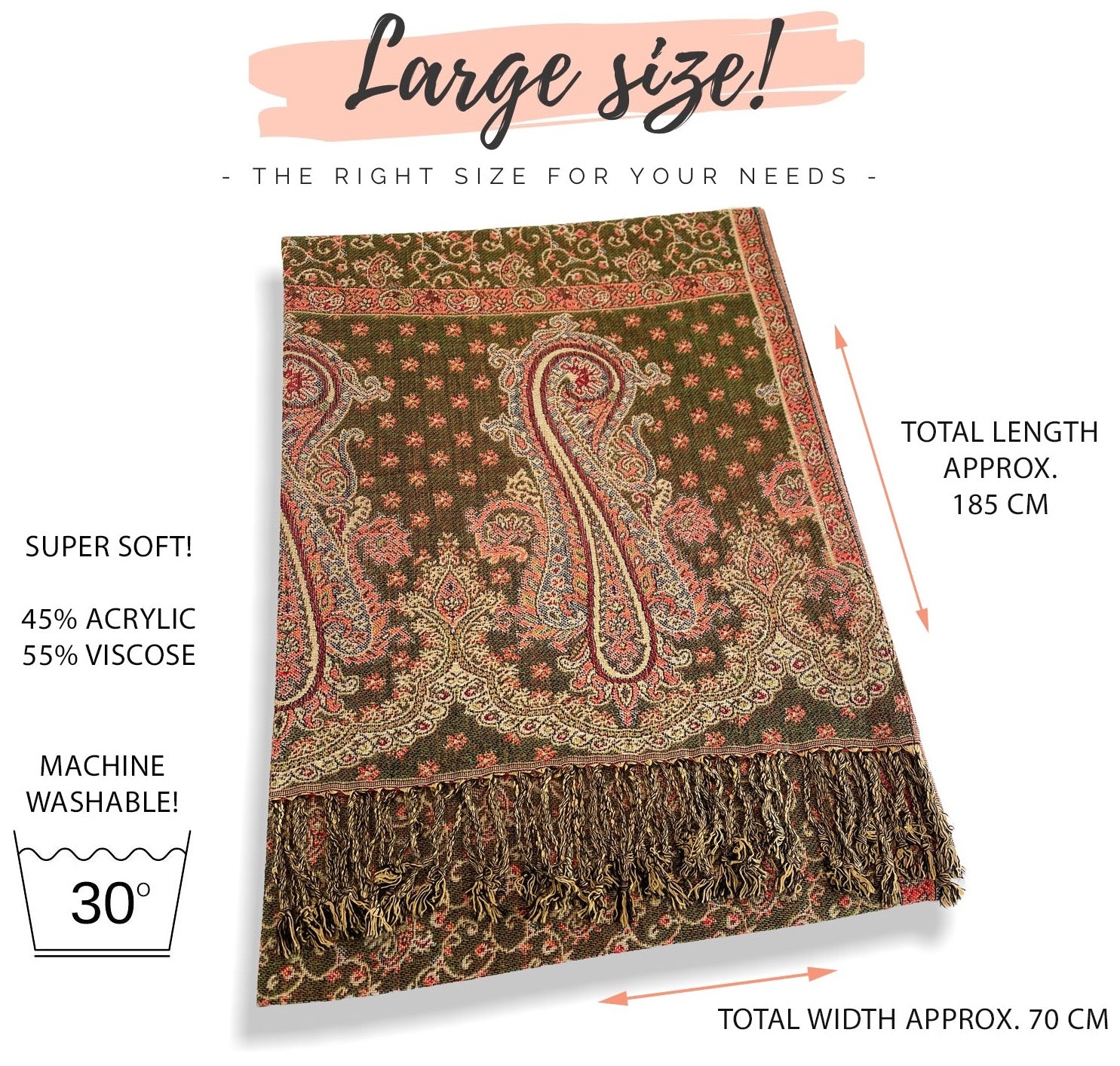 LARGE GREEN REVERSIBLE MULTI COLOUR PAISLEY PRINT PASHMINA SHAWL SCARF WRAP