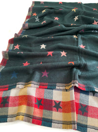 LARGE GREEN STAR PRINT REVERSIBLE CHECKED WINTER SHAWL BLANKET SCARF