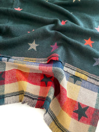 LARGE GREEN STAR PRINT REVERSIBLE CHECKED WINTER SHAWL BLANKET SCARF