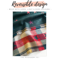 LARGE GREEN STAR PRINT REVERSIBLE CHECKED WINTER SHAWL BLANKET SCARF