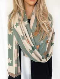 LARGE GREEN WOOL STAR PRINT REVERSIBLE WINTER SHAWL BLANKET SCARF - A-SHU.CO.UK