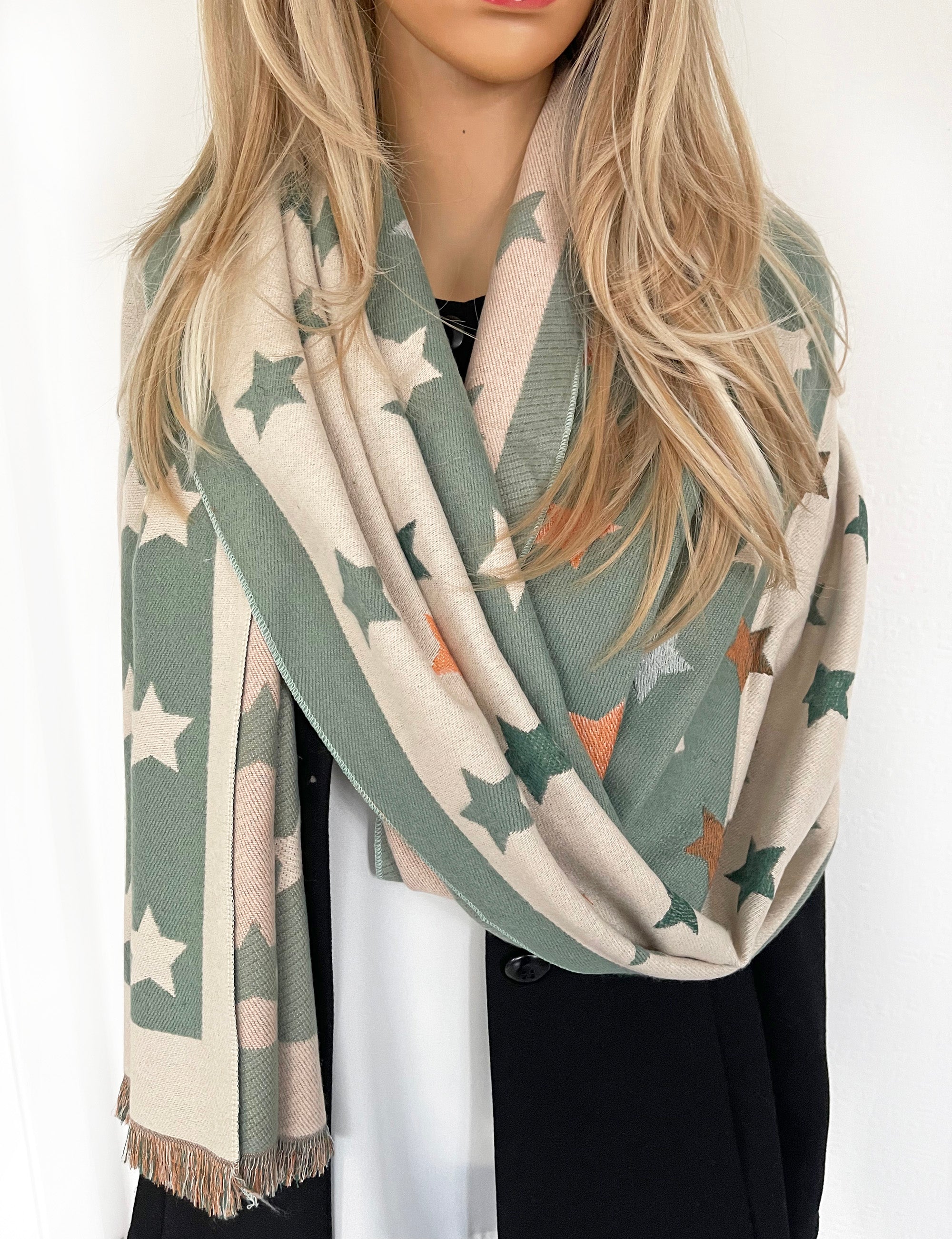 LARGE GREEN WOOL STAR PRINT REVERSIBLE WINTER SHAWL BLANKET SCARF - A-SHU.CO.UK