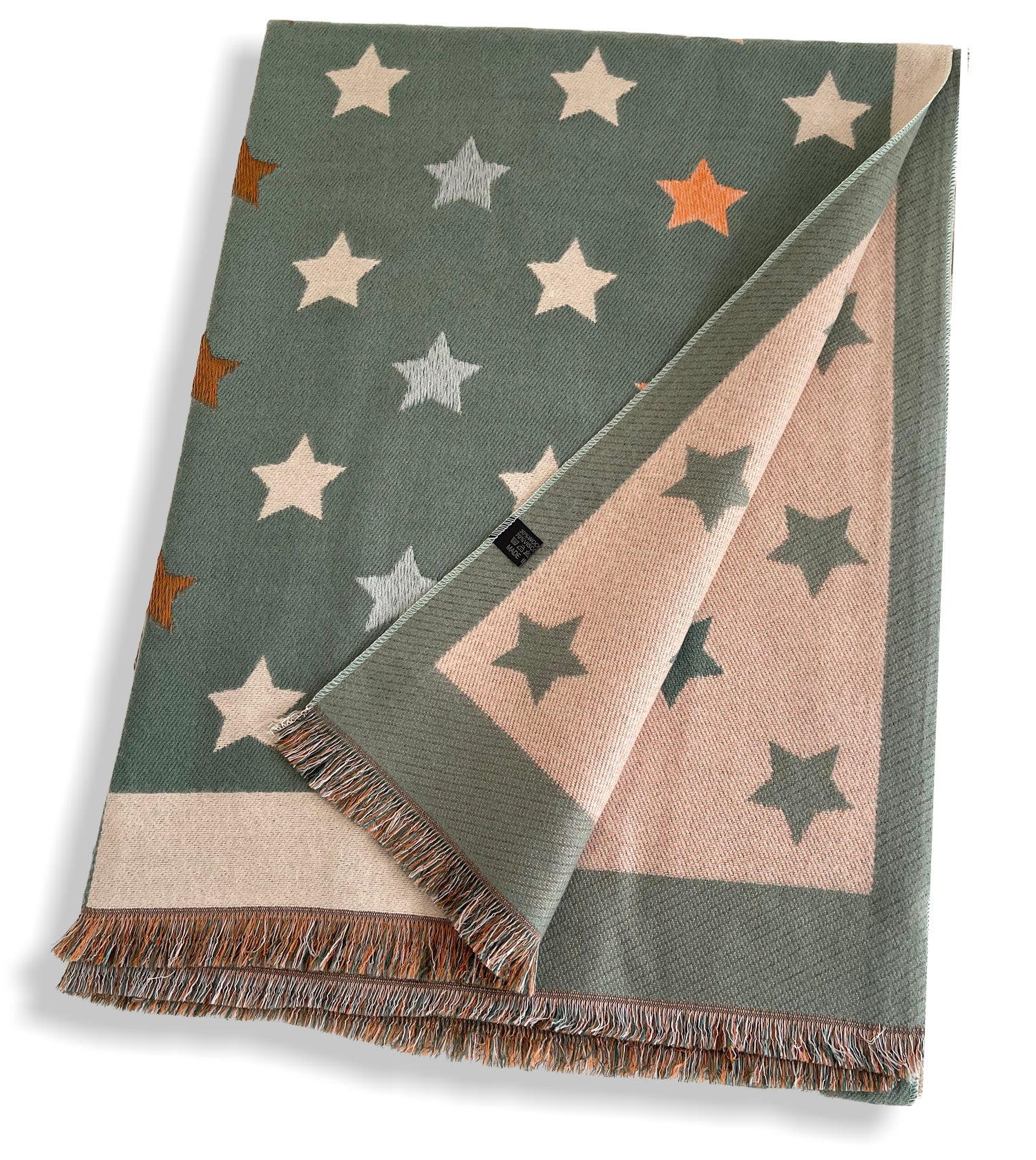 LARGE GREEN WOOL STAR PRINT REVERSIBLE WINTER SHAWL BLANKET SCARF - A-SHU.CO.UK