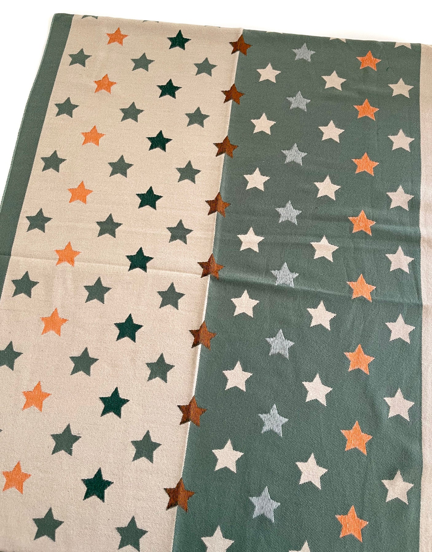 LARGE GREEN WOOL STAR PRINT REVERSIBLE WINTER SHAWL BLANKET SCARF - A-SHU.CO.UK