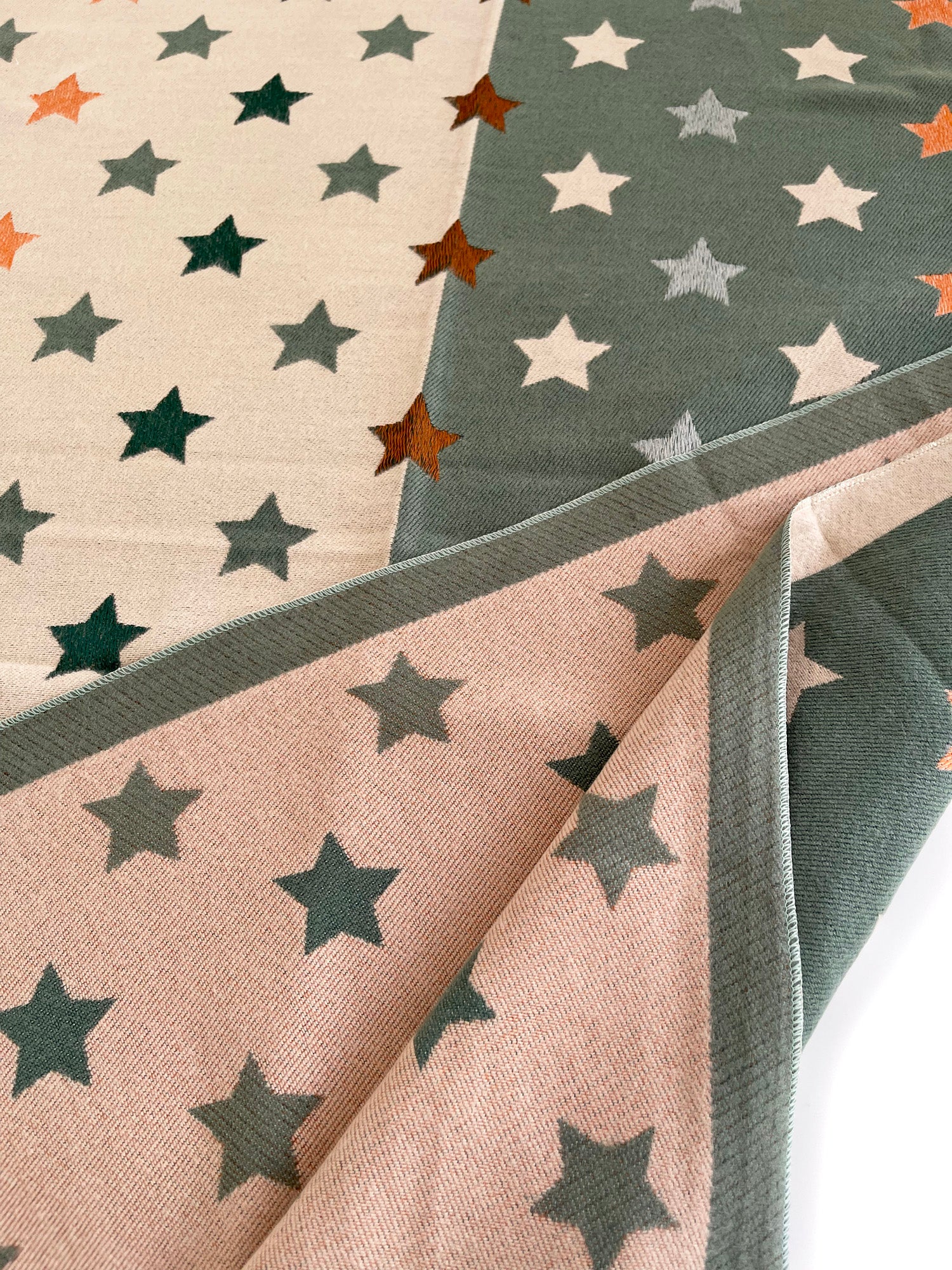 LARGE GREEN WOOL STAR PRINT REVERSIBLE WINTER SHAWL BLANKET SCARF - A-SHU.CO.UK