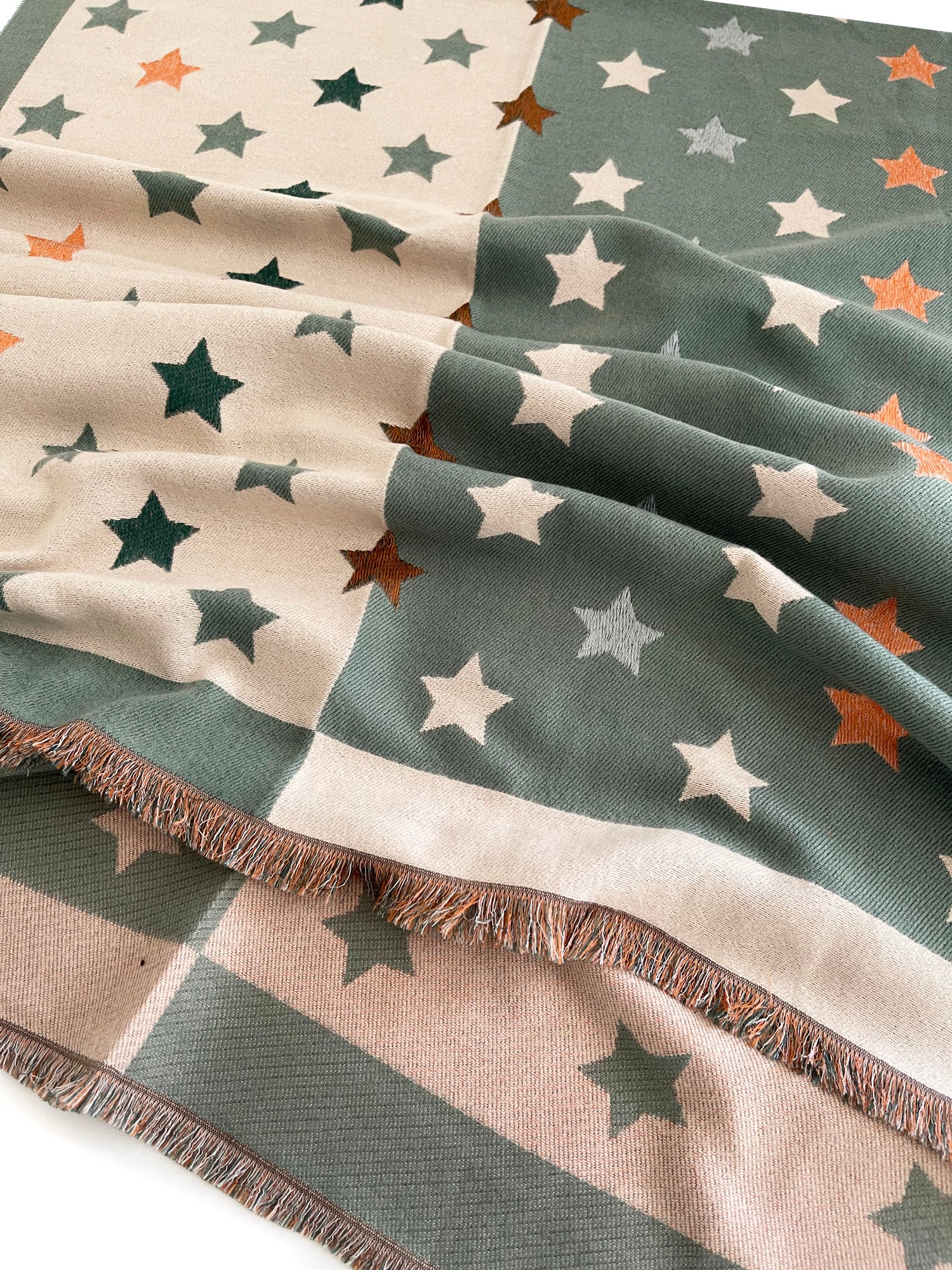 LARGE GREEN WOOL STAR PRINT REVERSIBLE WINTER SHAWL BLANKET SCARF - A-SHU.CO.UK