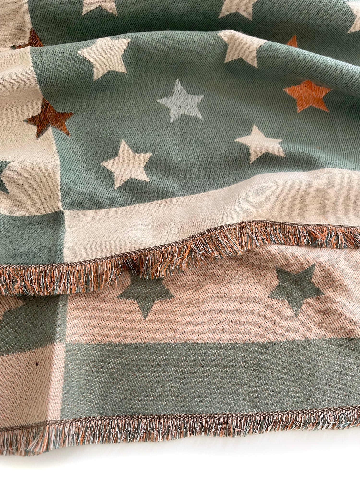 LARGE GREEN WOOL STAR PRINT REVERSIBLE WINTER SHAWL BLANKET SCARF - A-SHU.CO.UK