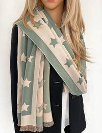 LARGE GREEN WOOL STAR PRINT REVERSIBLE WINTER SHAWL BLANKET SCARF - A-SHU.CO.UK