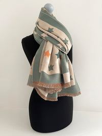 LARGE GREEN WOOL STAR PRINT REVERSIBLE WINTER SHAWL BLANKET SCARF - A-SHU.CO.UK