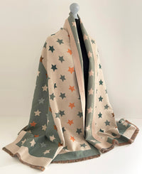 LARGE GREEN WOOL STAR PRINT REVERSIBLE WINTER SHAWL BLANKET SCARF - A-SHU.CO.UK