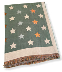 LARGE GREEN WOOL STAR PRINT REVERSIBLE WINTER SHAWL BLANKET SCARF - A-SHU.CO.UK