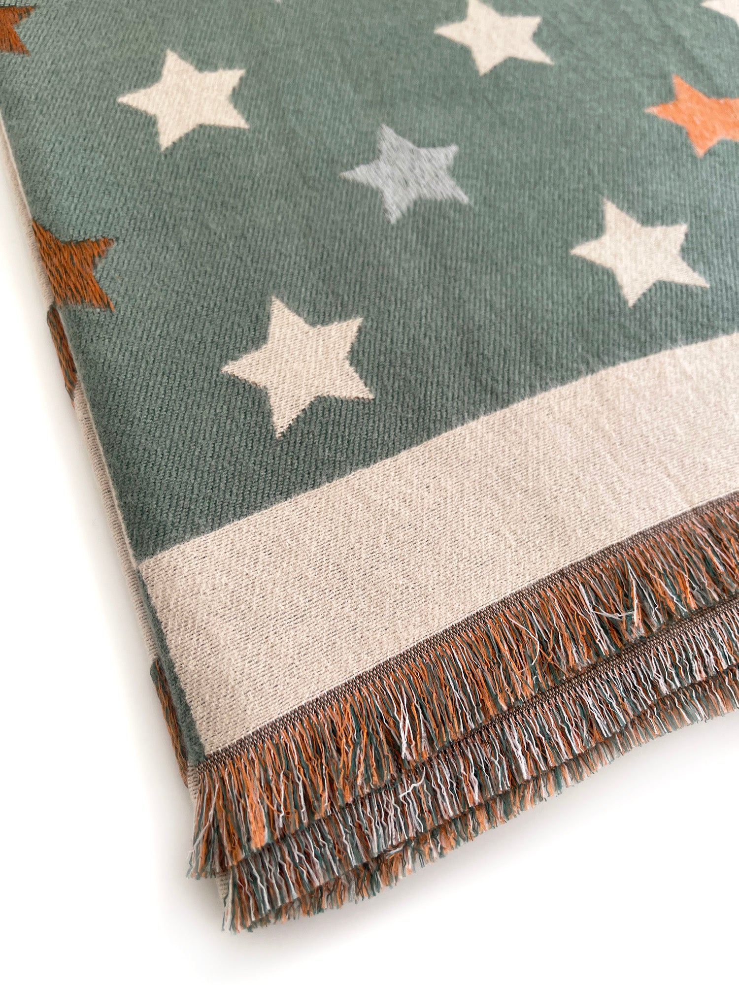 LARGE GREEN WOOL STAR PRINT REVERSIBLE WINTER SHAWL BLANKET SCARF - A-SHU.CO.UK