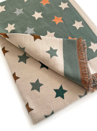 LARGE GREEN WOOL STAR PRINT REVERSIBLE WINTER SHAWL BLANKET SCARF - A-SHU.CO.UK