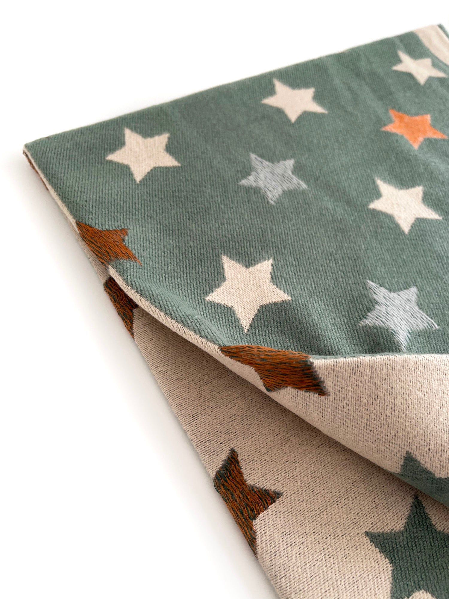 LARGE GREEN WOOL STAR PRINT REVERSIBLE WINTER SHAWL BLANKET SCARF - A-SHU.CO.UK