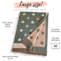 LARGE GREEN WOOL STAR PRINT REVERSIBLE WINTER SHAWL BLANKET SCARF - A-SHU.CO.UK