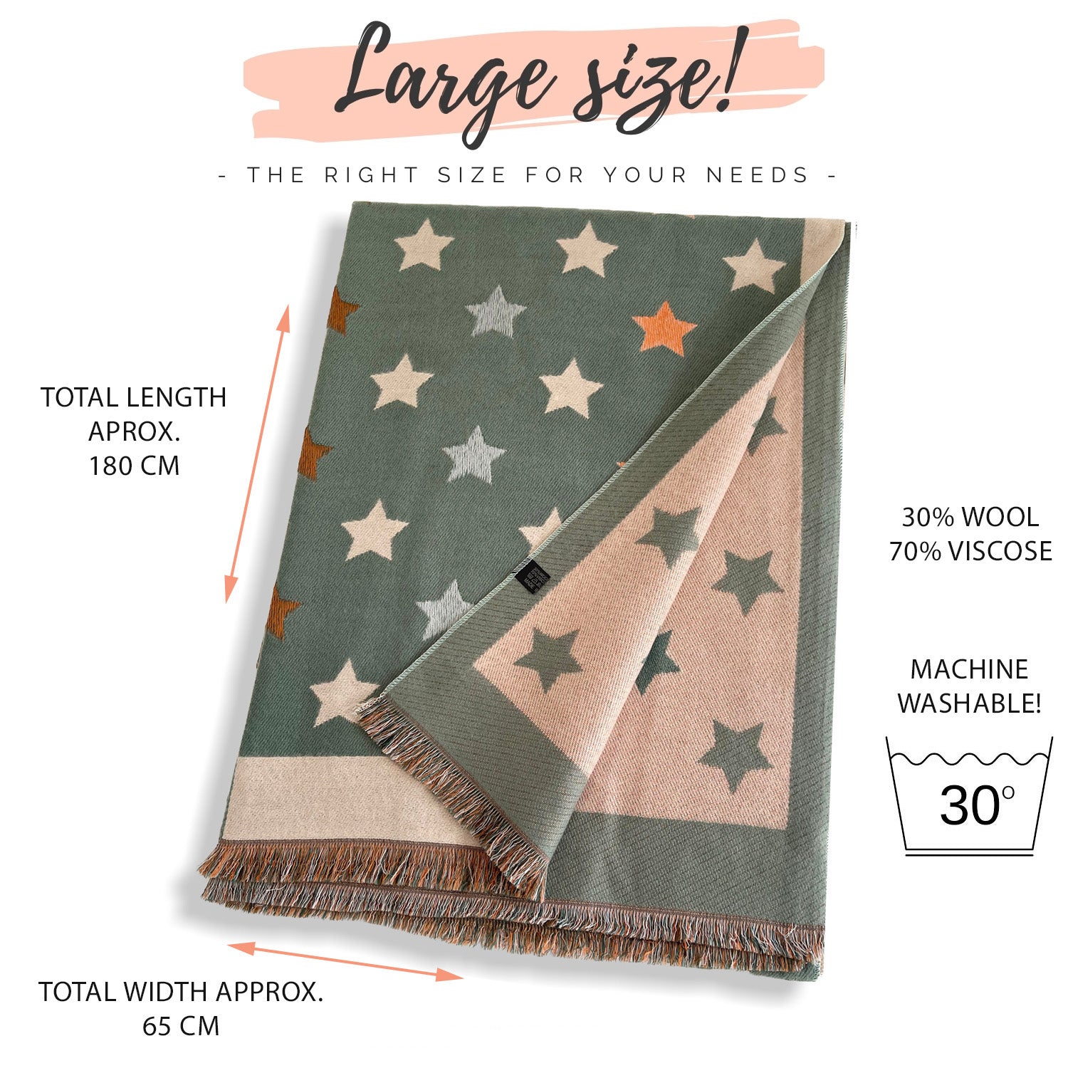 LARGE GREEN WOOL STAR PRINT REVERSIBLE WINTER SHAWL BLANKET SCARF - A-SHU.CO.UK