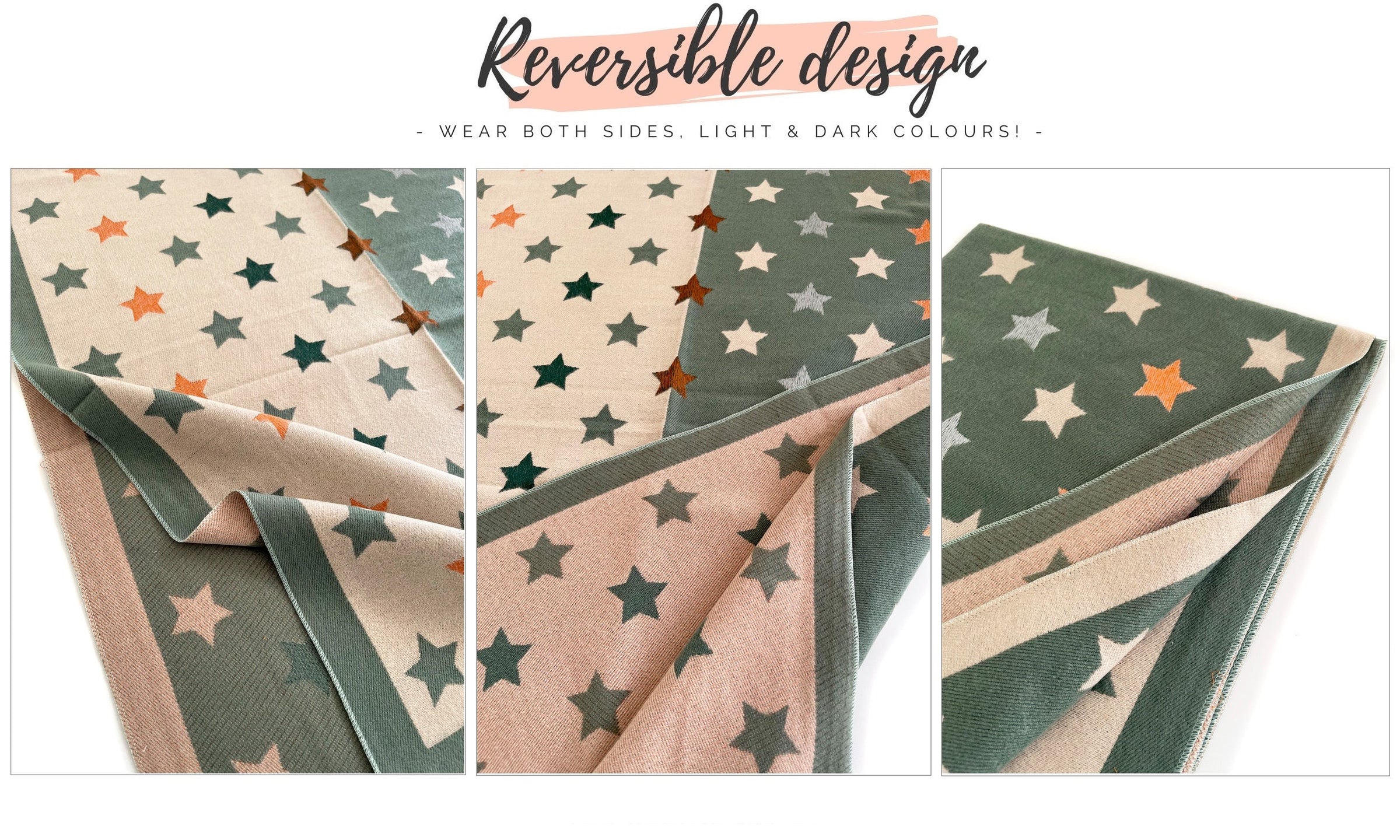 LARGE GREEN WOOL STAR PRINT REVERSIBLE WINTER SHAWL BLANKET SCARF - A-SHU.CO.UK