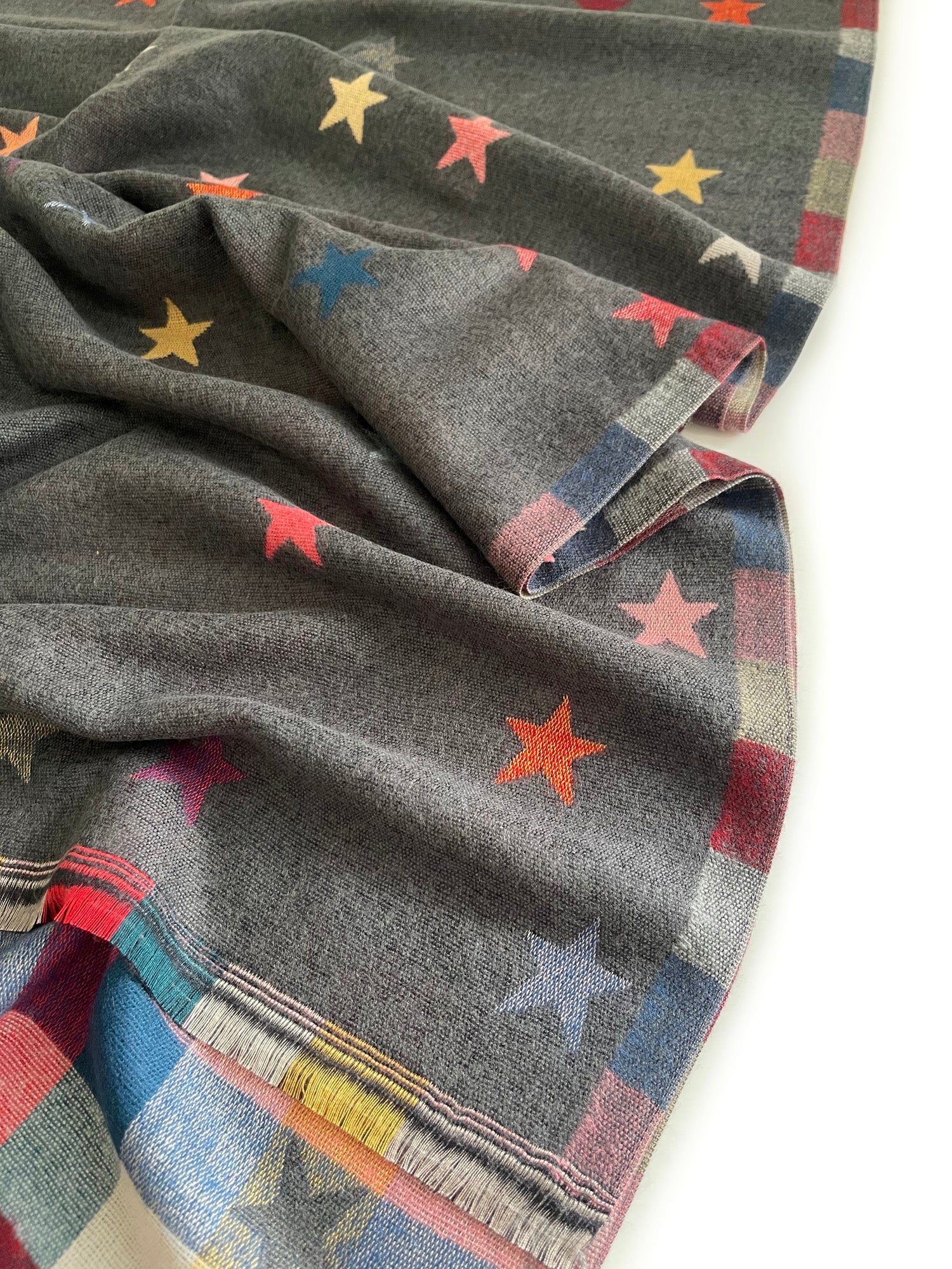 LARGE GREY STAR PRINT REVERSIBLE CHECKED WINTER SHAWL BLANKET SCARF
