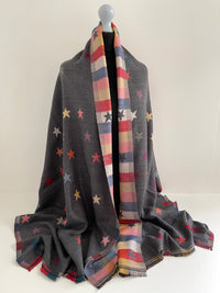 LARGE GREY STAR PRINT REVERSIBLE CHECKED WINTER SHAWL BLANKET SCARF