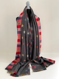 LARGE GREY STAR PRINT REVERSIBLE CHECKED WINTER SHAWL BLANKET SCARF