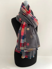 LARGE GREY STAR PRINT REVERSIBLE CHECKED WINTER SHAWL BLANKET SCARF