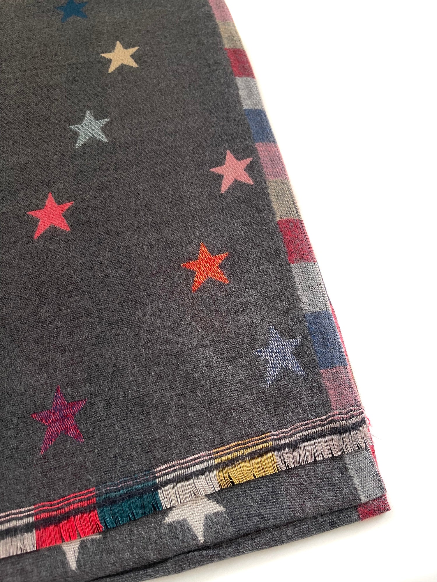 LARGE GREY STAR PRINT REVERSIBLE CHECKED WINTER SHAWL BLANKET SCARF