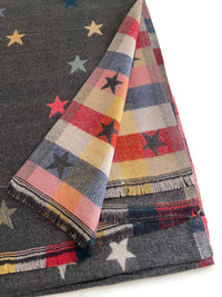 LARGE GREY STAR PRINT REVERSIBLE CHECKED WINTER SHAWL BLANKET SCARF