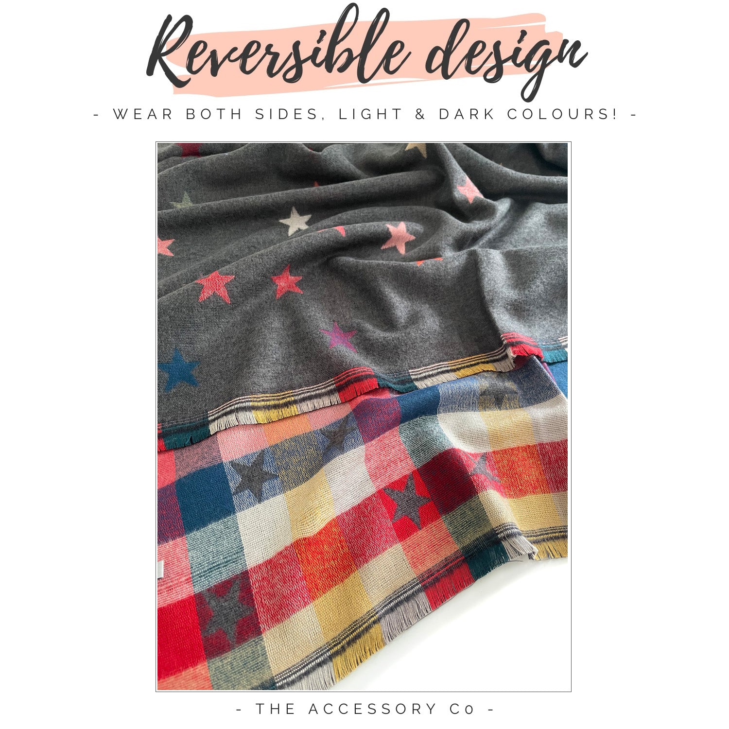 LARGE GREY STAR PRINT REVERSIBLE CHECKED WINTER SHAWL BLANKET SCARF