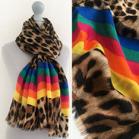 A-SHU LARGE LEOPARD PRINT SHAWL SCARF WITH MULTI COLOUR RAINBOW STRIPES - A-SHU.CO.UK