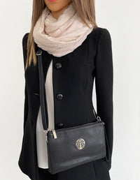 LARGE MULTI-COMPARTMENT CROSS-BODY PURSE BAG WITH WRIST AND LONG STRAPS - BLACK - A-SHU.CO.UK