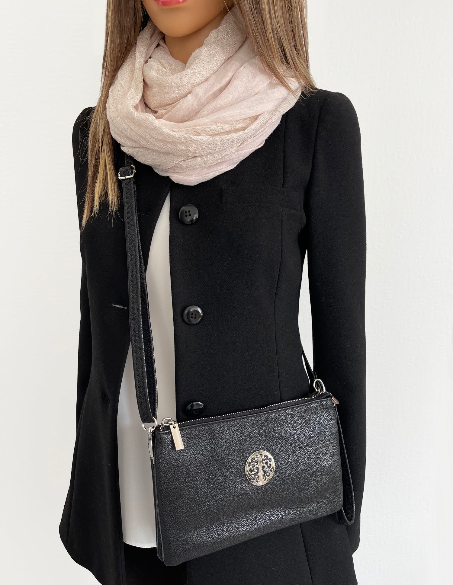 LARGE MULTI-COMPARTMENT CROSS-BODY PURSE BAG WITH WRIST AND LONG STRAPS - BLACK - A-SHU.CO.UK