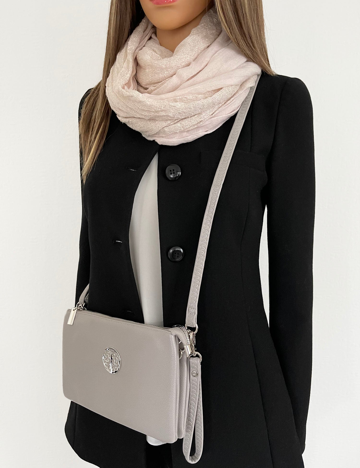 LARGE MULTI-COMPARTMENT CROSS-BODY PURSE BAG WITH WRIST AND LONG STRAPS - LIGHT GREY - A-SHU.CO.UK