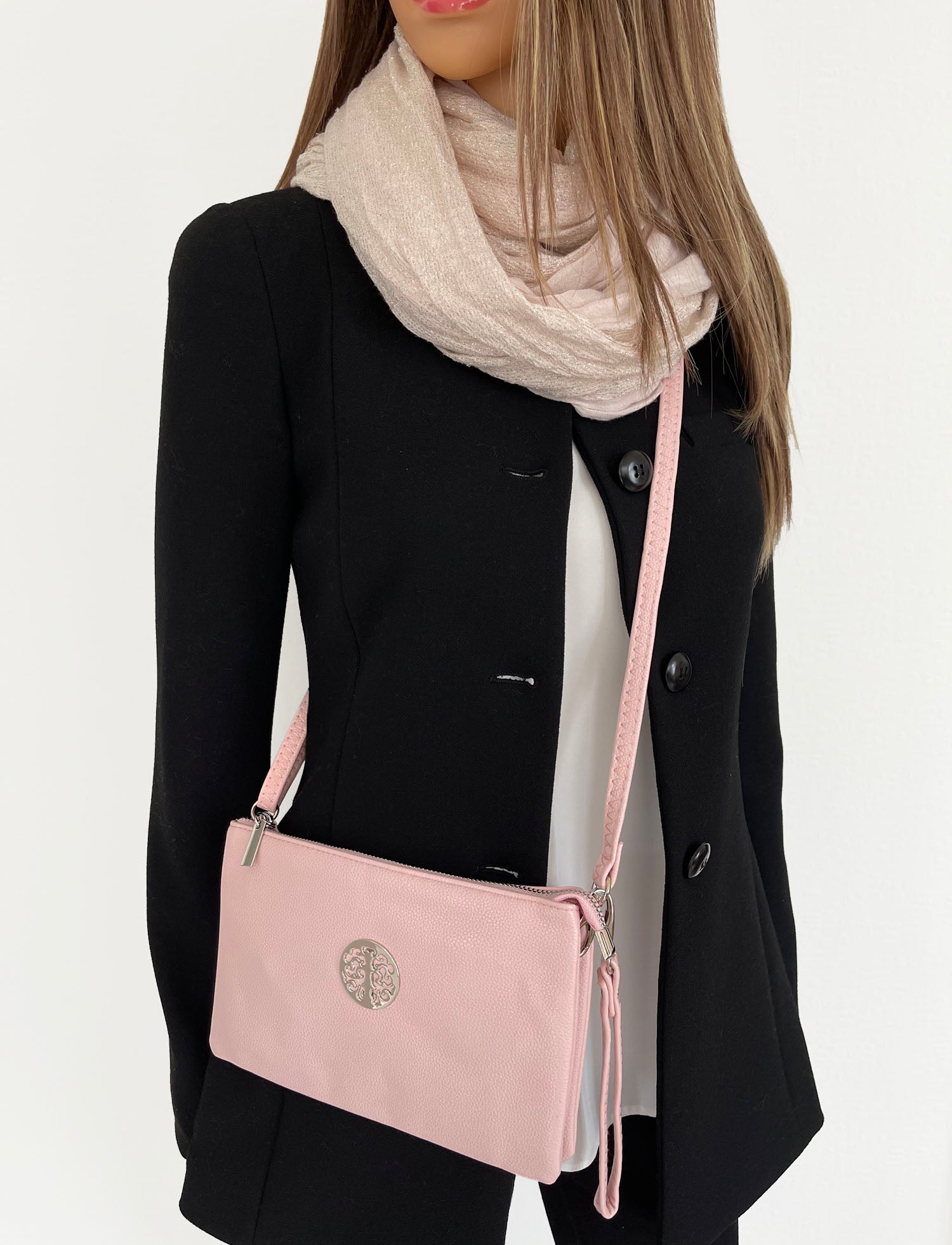 LARGE MULTI-COMPARTMENT CROSS-BODY PURSE BAG WITH WRIST AND LONG STRAPS - PINK - A-SHU.CO.UK