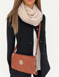 LARGE MULTI-COMPARTMENT CROSS-BODY PURSE BAG WITH WRIST AND LONG STRAPS - TAN - A-SHU.CO.UK