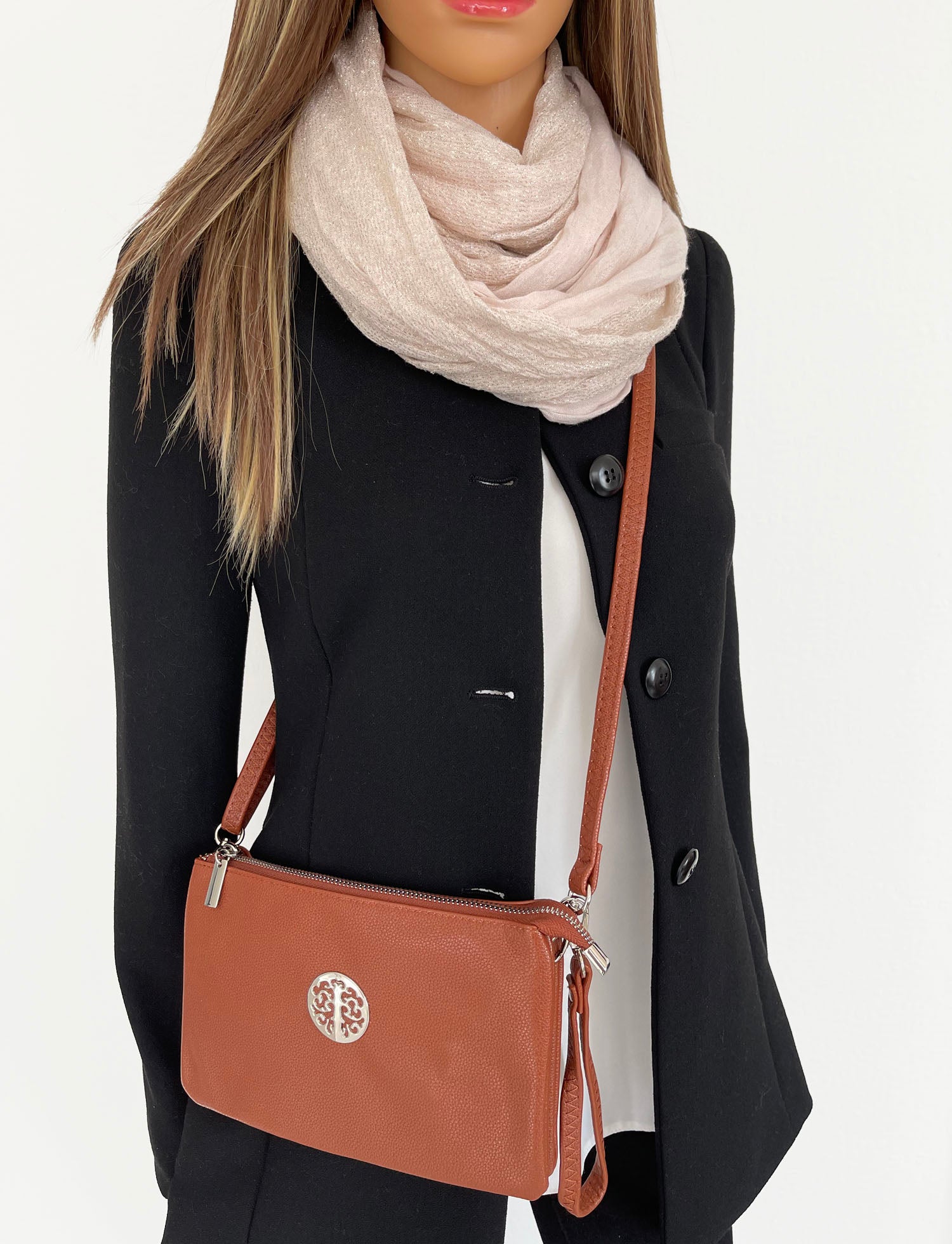 LARGE MULTI-COMPARTMENT CROSS-BODY PURSE BAG WITH WRIST AND LONG STRAPS - TAN - A-SHU.CO.UK