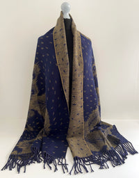 LARGE NAVY BLUE CASHMERE FEATHER PRINT REVERSIBLE WINTER SHAWL BLANKET SCARF