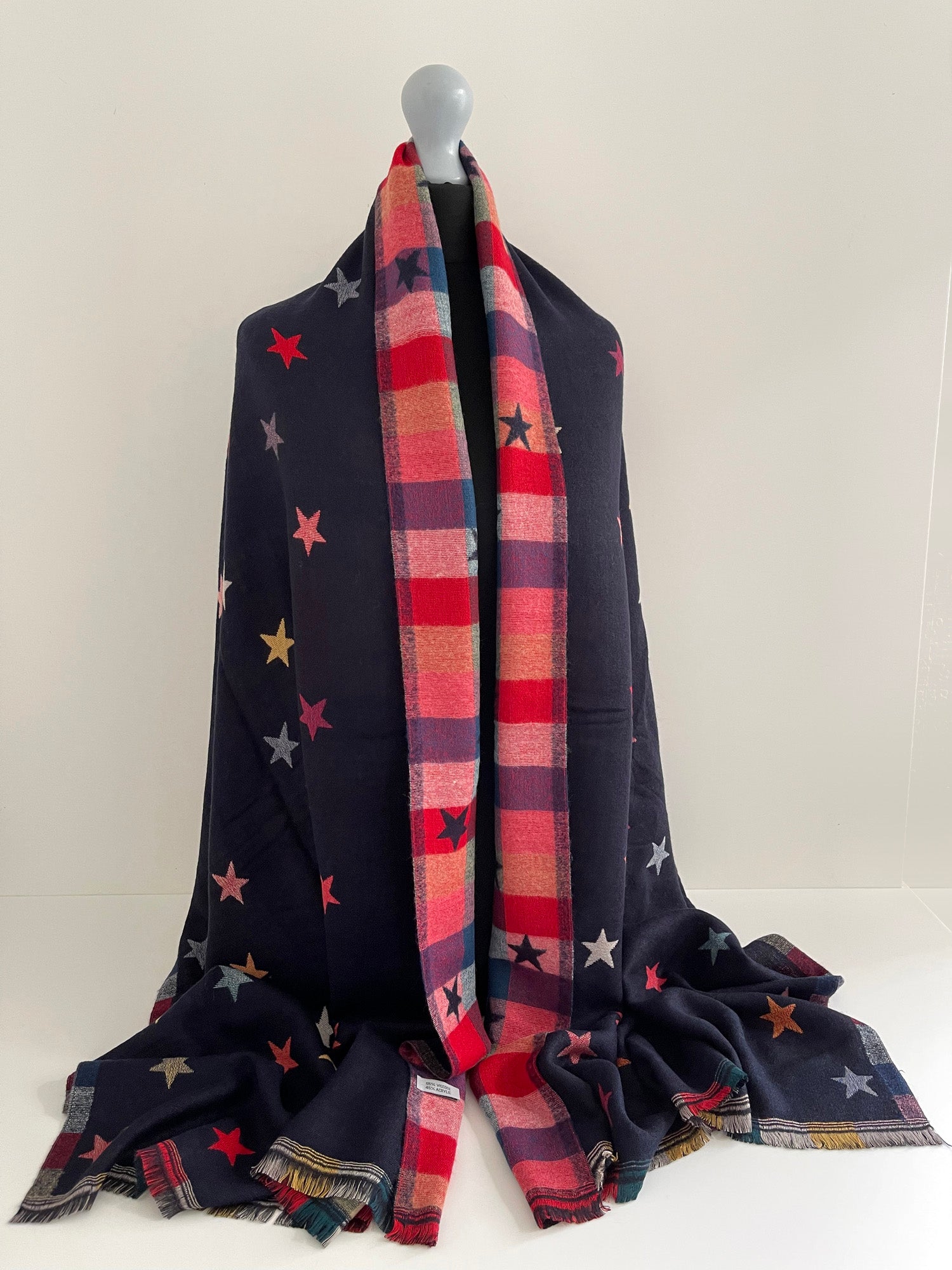 LARGE NAVY BLUE STAR PRINT REVERSIBLE CHECKED WINTER SHAWL BLANKET SCARF