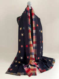 LARGE NAVY BLUE STAR PRINT REVERSIBLE CHECKED WINTER SHAWL BLANKET SCARF