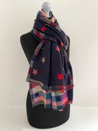 LARGE NAVY BLUE STAR PRINT REVERSIBLE CHECKED WINTER SHAWL BLANKET SCARF