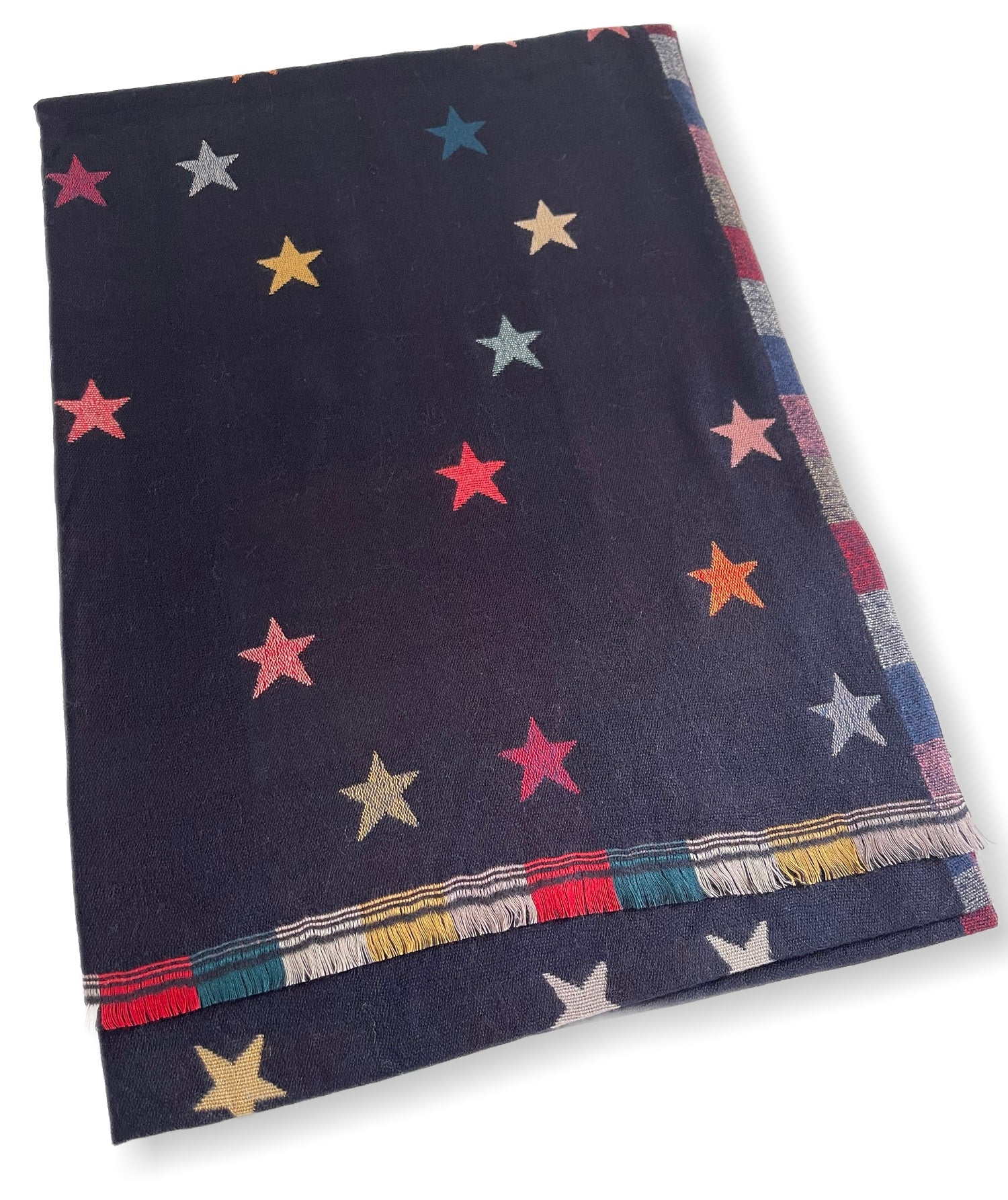 LARGE NAVY BLUE STAR PRINT REVERSIBLE CHECKED WINTER SHAWL BLANKET SCARF