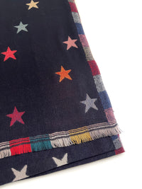 LARGE NAVY BLUE STAR PRINT REVERSIBLE CHECKED WINTER SHAWL BLANKET SCARF