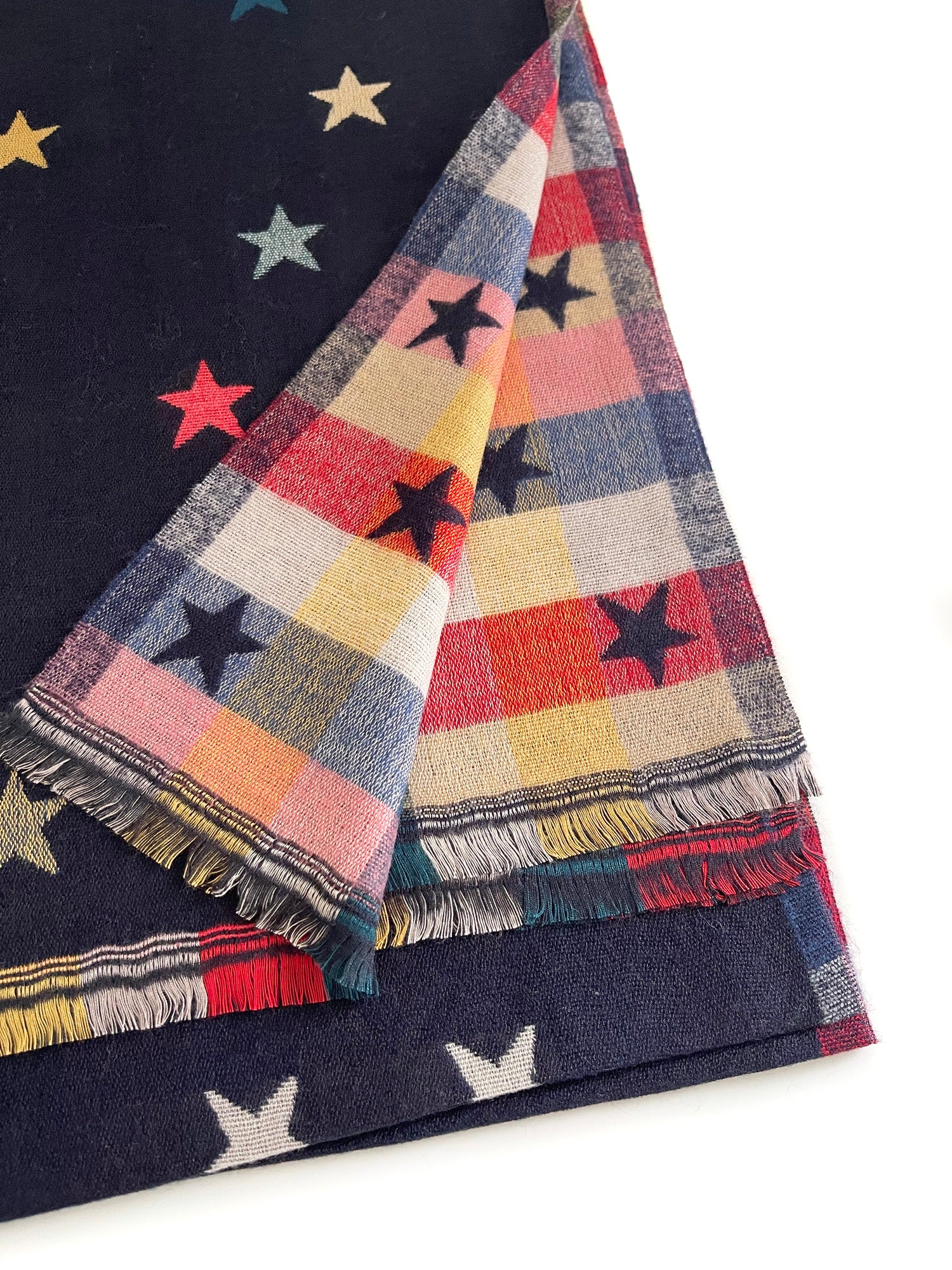 LARGE NAVY BLUE STAR PRINT REVERSIBLE CHECKED WINTER SHAWL BLANKET SCARF